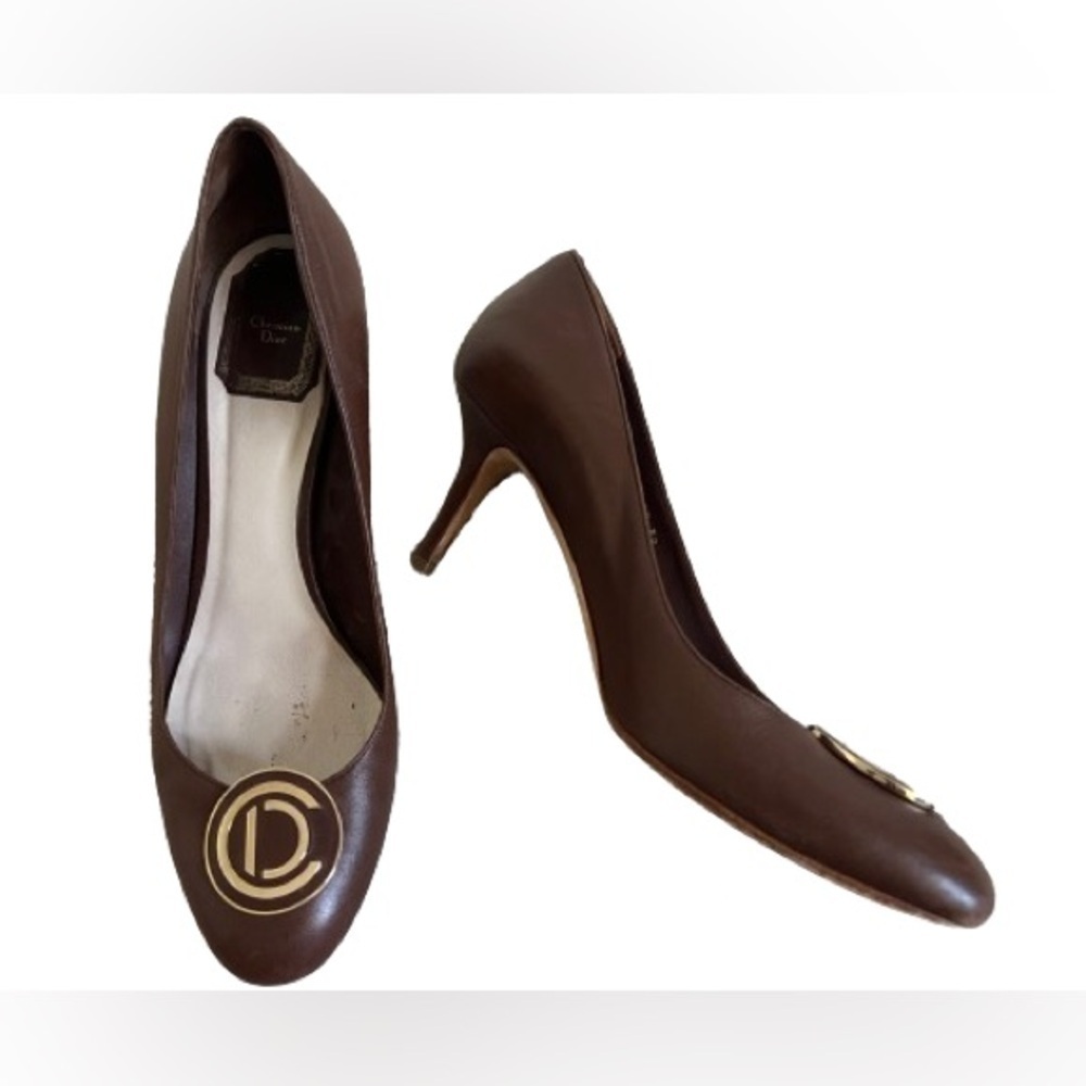 Vintage Rare Christian Dior Mud Brown Gold Logo Circle Pumps. Size EU 39
